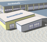 So soll der Neubau aussehen: An die vorhandene GaG-Halle (Hintergrund) wird eine Gerätehalle angebaut. Im Vordergrund (gelb) entsteht die Gymnastikhalle.